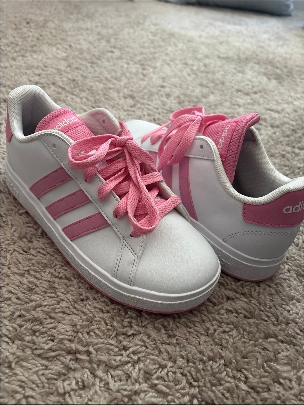 Adidas Kids Grand Court 2.0 Sneakers Girls White Pink Lace Up Athletic Shoes